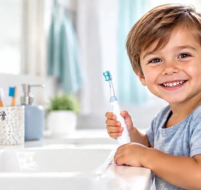 Fröhlicher Junge mit Zahnbürste am Waschbecken – spielerische Zahnpflege für gesunde Kinderzähne.